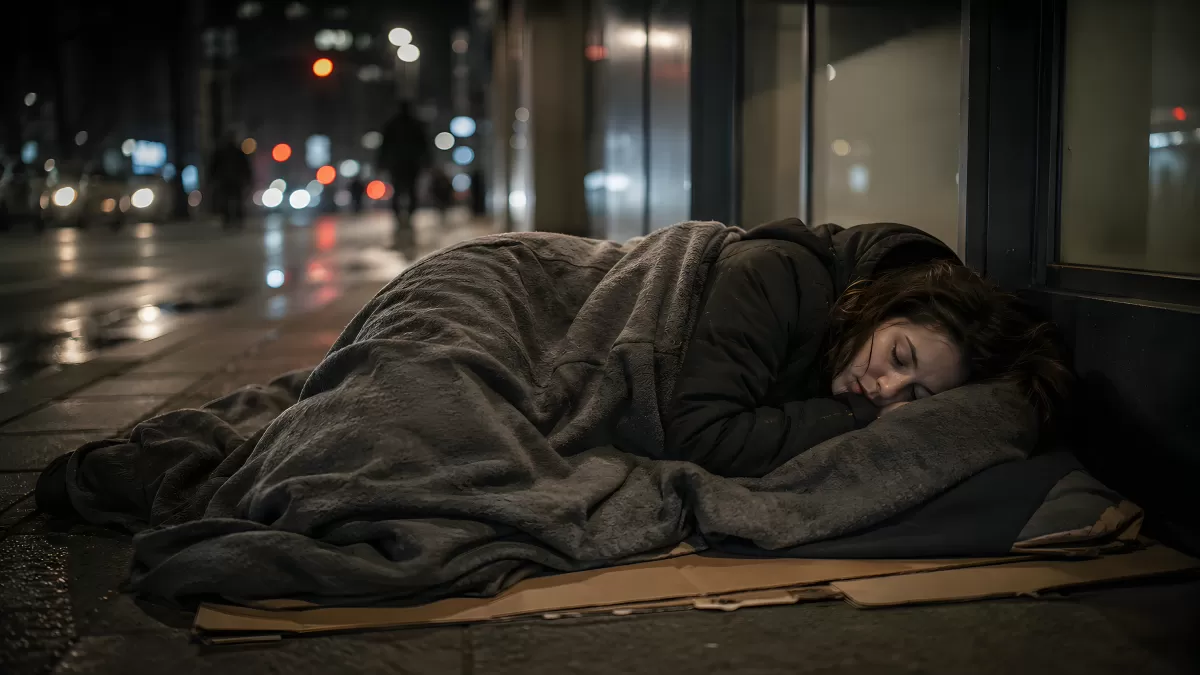 Obdachlose Frau schläft nachts auf der Straße