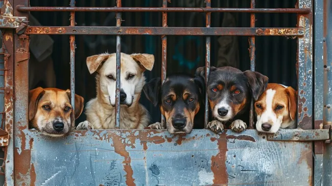 Obdachlose Hunde in Tierheim-Käfig auf der Suche nach einem Zuhause