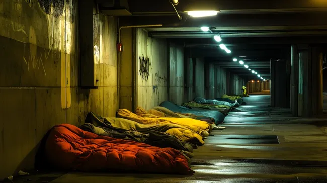Obdachlose Schlafsackliegen in beleuchteter Unterführung