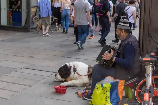 Obdachloser Mann mit Hund spielt Akkordeon