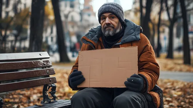 Obdachloser Mann mit Kartonschild auf Parkbank in herbstlicher Stadtlandschaft
