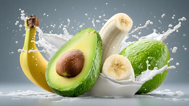 Obst-Smoothie-Zutaten mit Milchspritzern