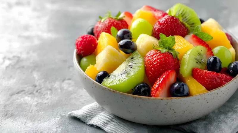 Obstsalat mit verschiedenen Früchten in weißer Schale
