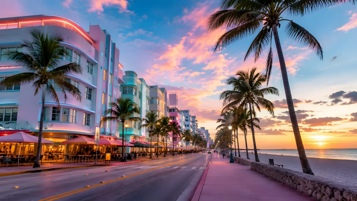 Ocean Drive Miami Beach bei Sonnenuntergang mit Palmen
