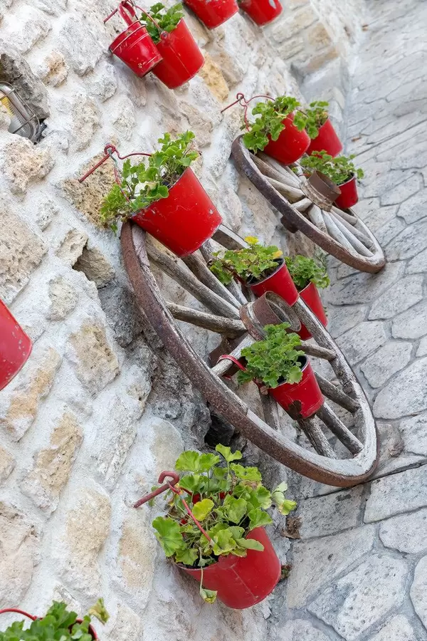 Ochsenkarren-Räder mit roten Blumentöpfen