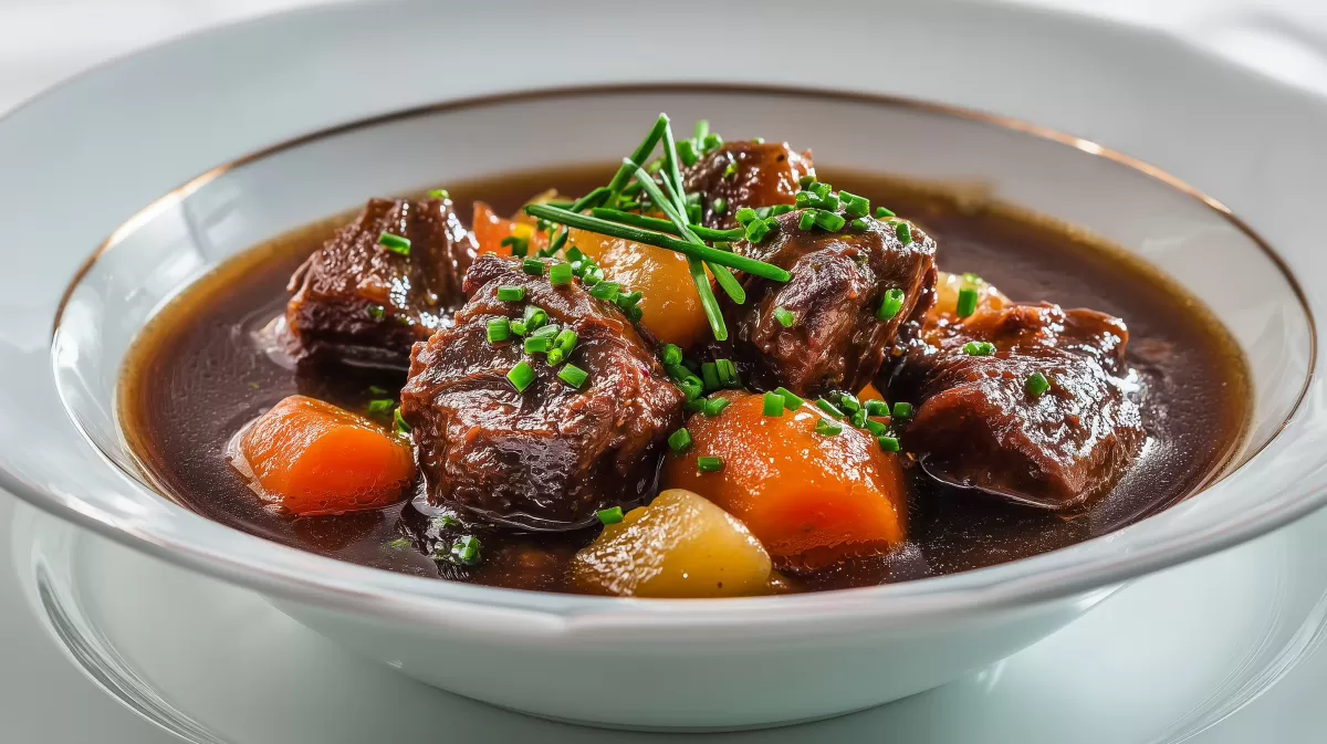 Ochsenschwanzsuppe mit Gemüse in weißem Teller
