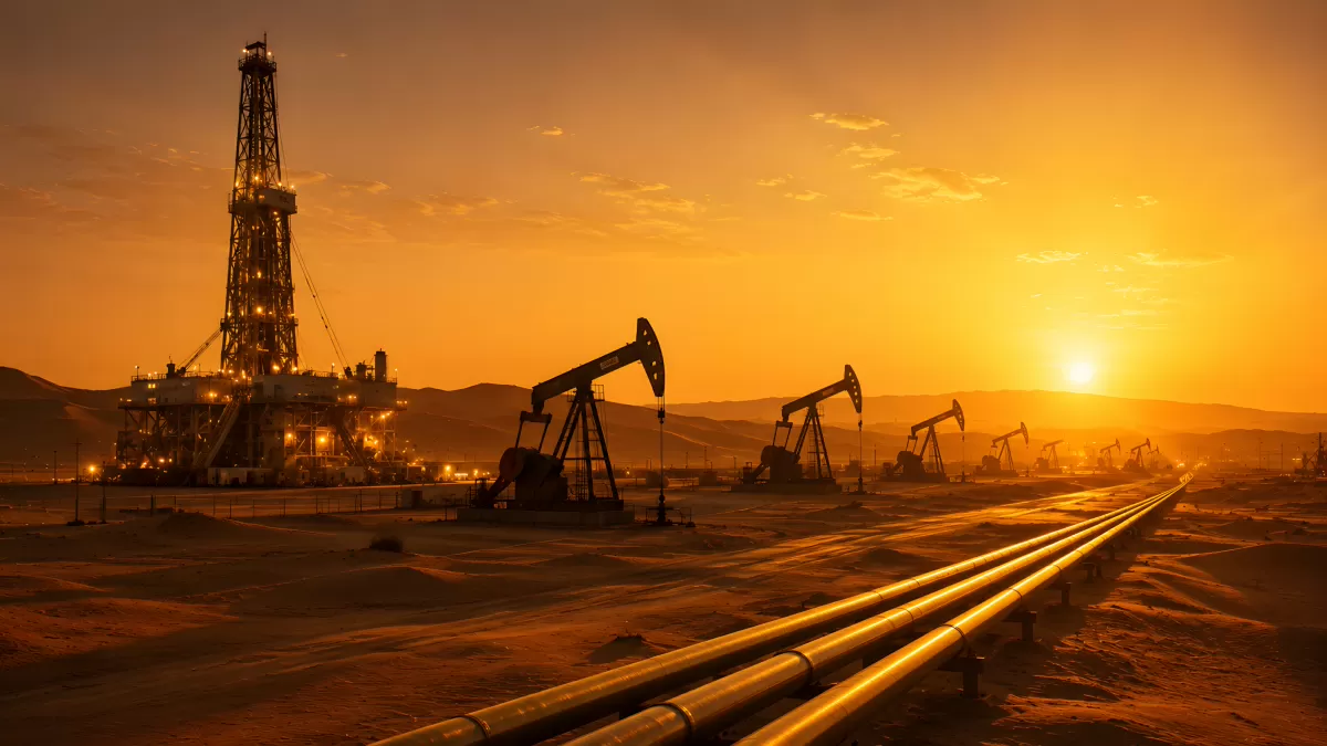 Ölfeld bei Sonnenuntergang mit Bohrtürmen und Pipelines