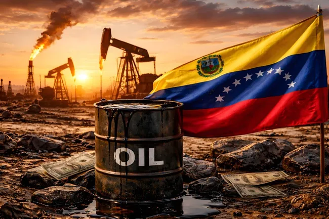 Ölförderanlage mit venezolanischer Flagge bei Sonnenuntergang