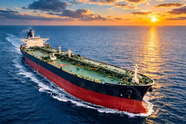 Ölfrachter auf See bei Sonnenuntergang