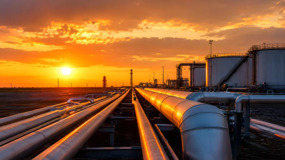 Ölpipelines bei Sonnenuntergang an einer Raffinerie — Bild kostenlos herunterladen
