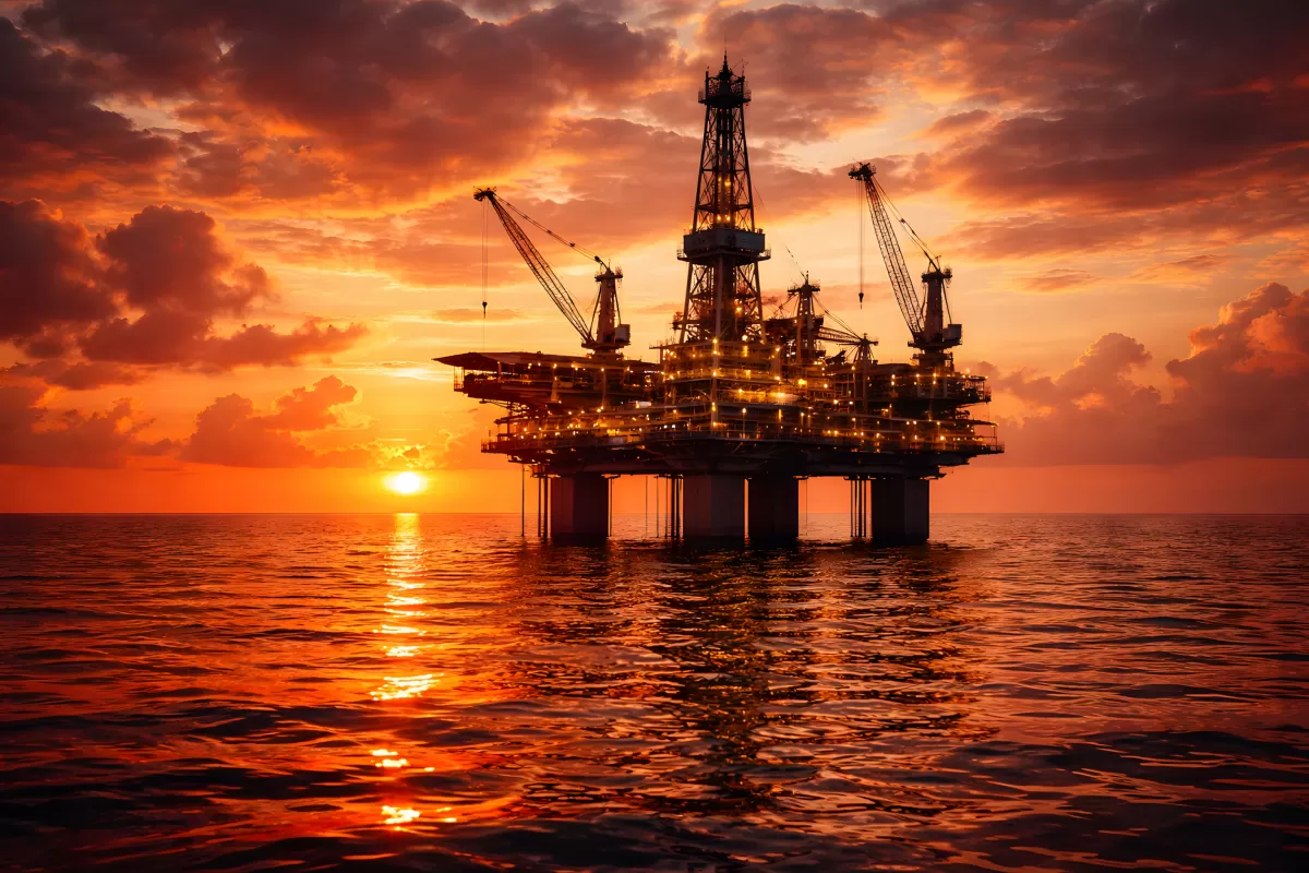 Ölplattform bei Sonnenuntergang am Meer