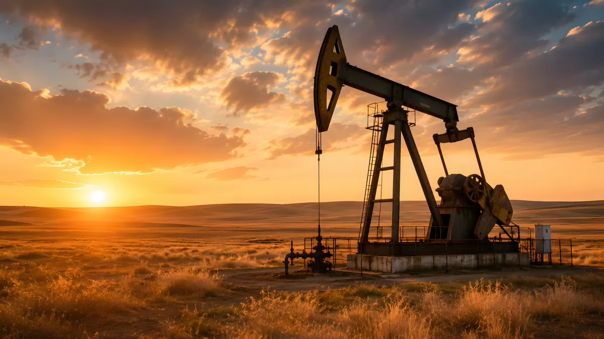 Ölpumpe in der Steppe bei goldenem Sonnenuntergang