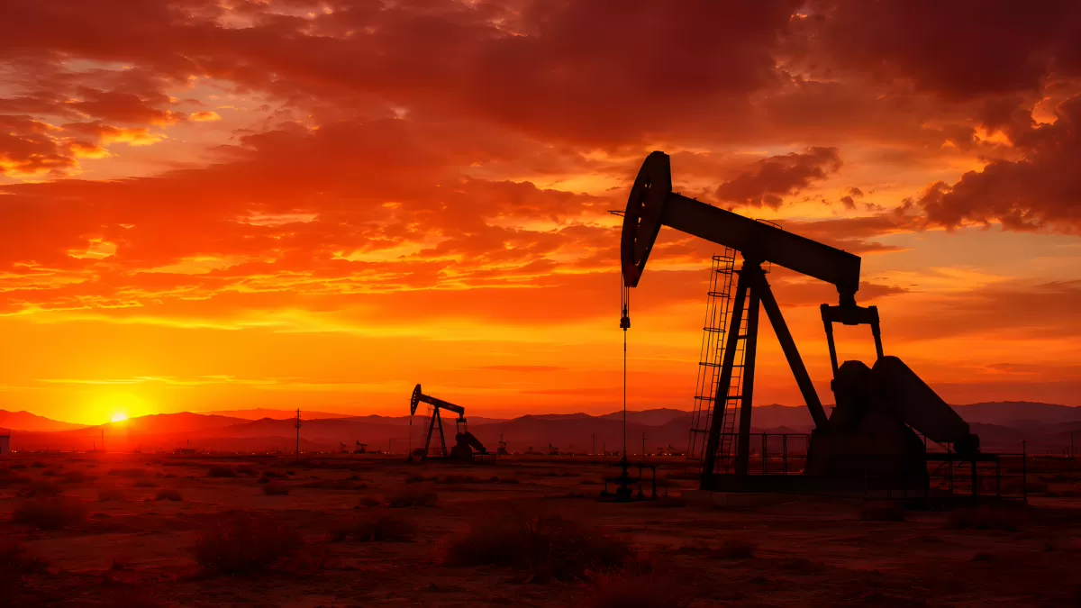 Ölpumpen als Silhouetten vor glutrotem Sonnenuntergang