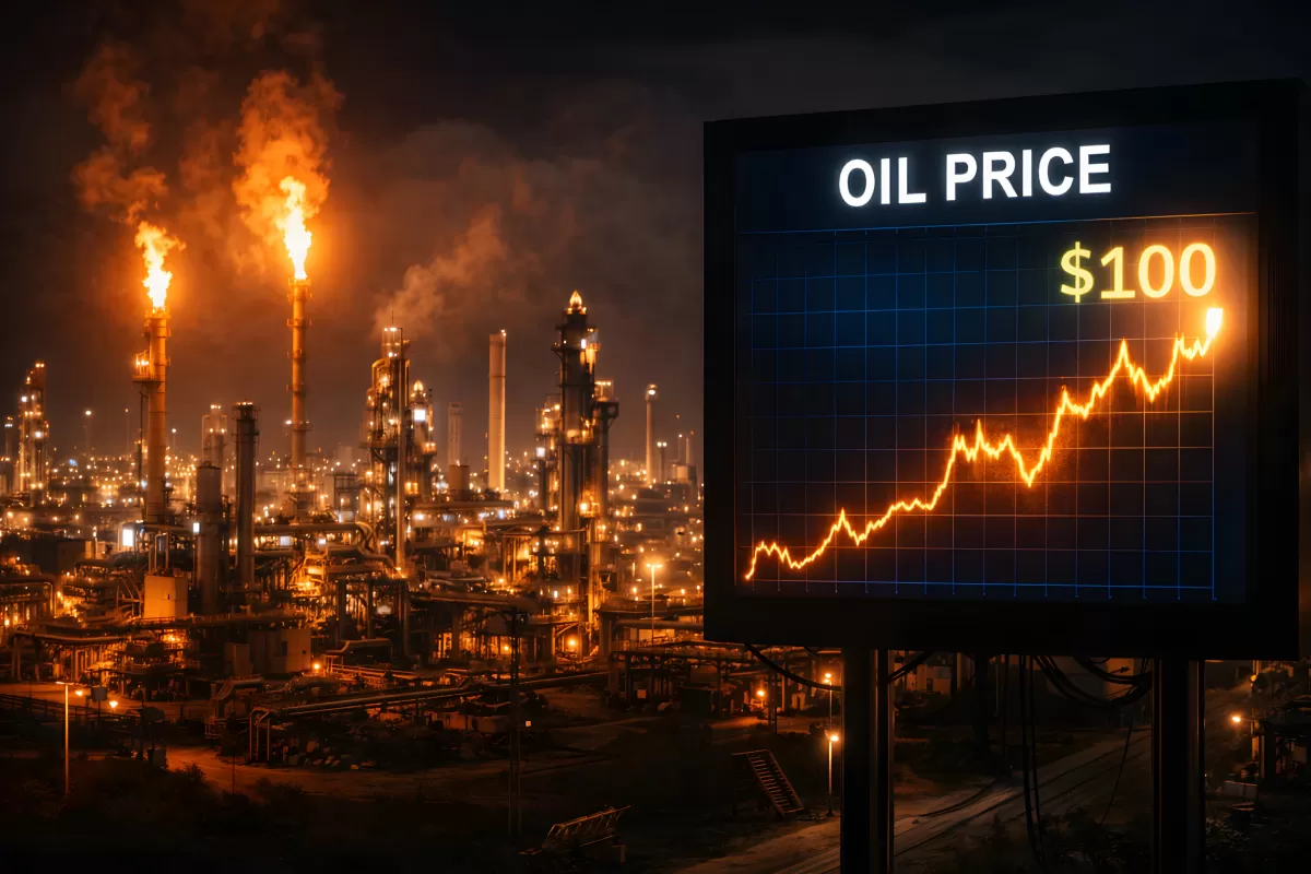 Ölraffinerie bei Nacht mit steigendem Ölpreisdiagramm