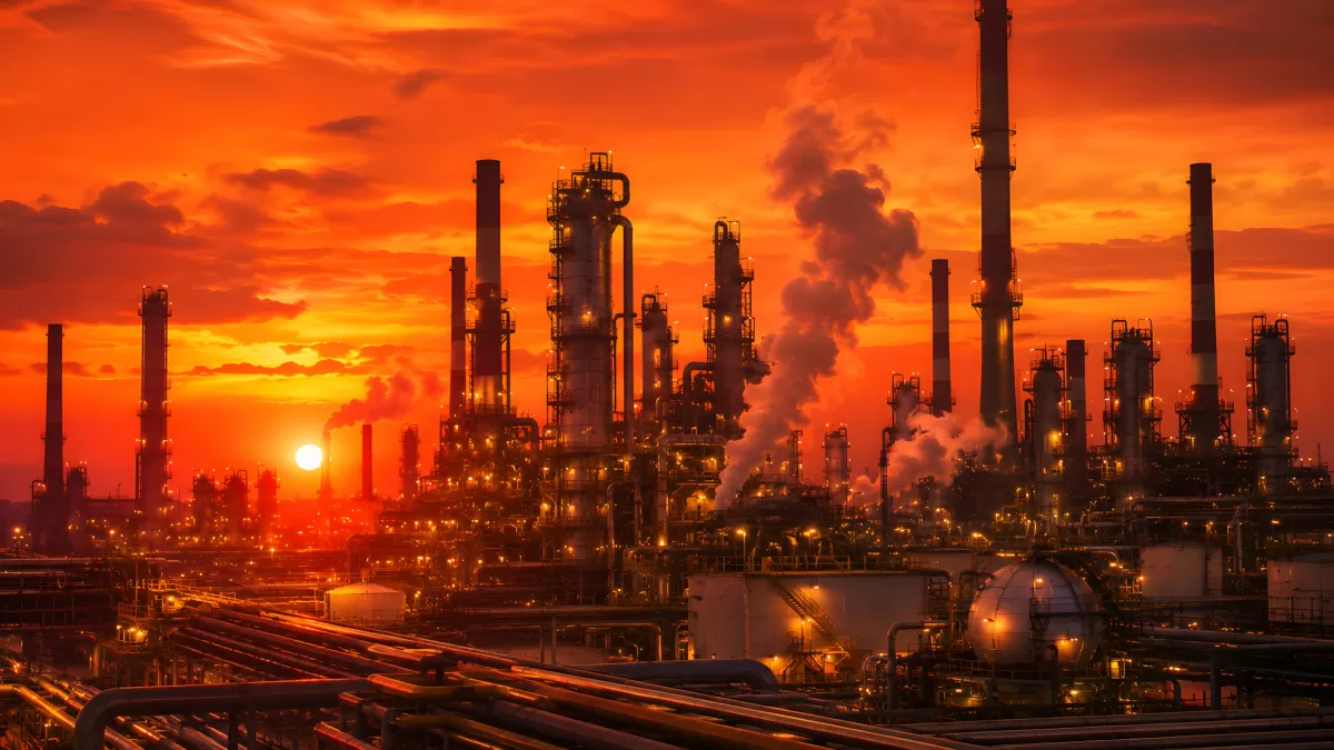 Ölraffinerie bei Sonnenuntergang mit rotem Himmel