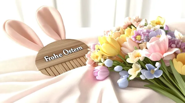 Österliche Frühlingsdekorationen mit Hasenohren und Blumen