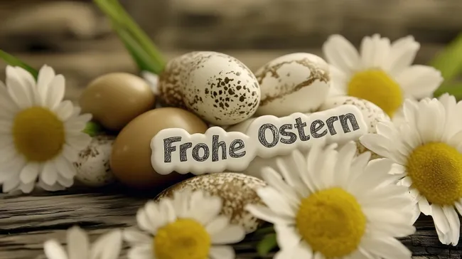 Österliche Grußkarte mit bemalten Eiern und Gänseblümchen