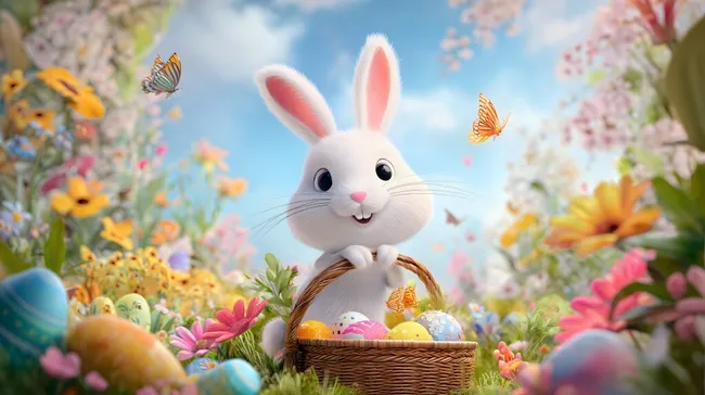 Österlicher Hasenkorbgeist in blühender Frühlingslandschaft