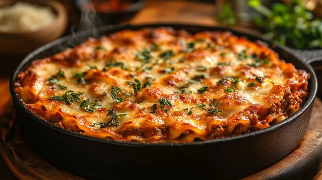 Ofenfrische Käsegratin-Lasagne mit frischen Kräutern