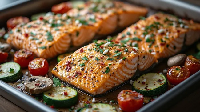 Ofenfrischer Lachs mit mediterranem Gemüse