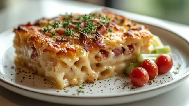 Ofenfrischer Nudelauflauf mit knusprigem Speck