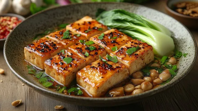 Ofengebackener Tofu in asiatischer Sauce mit Gemüse