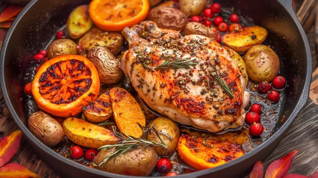 Ofengebratenes Hühnchen mit Kartoffeln und Orangen