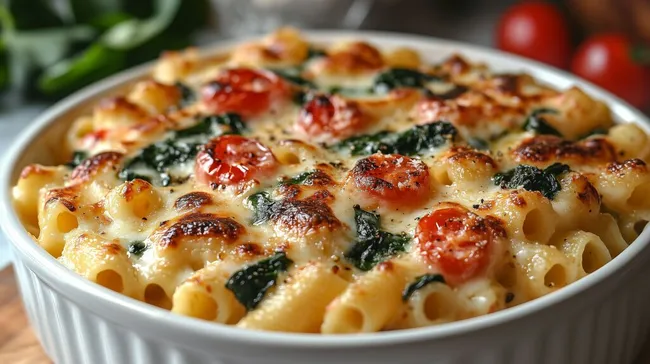 Ofengegarte Makkaroni mit Spinat und Kirschtomaten