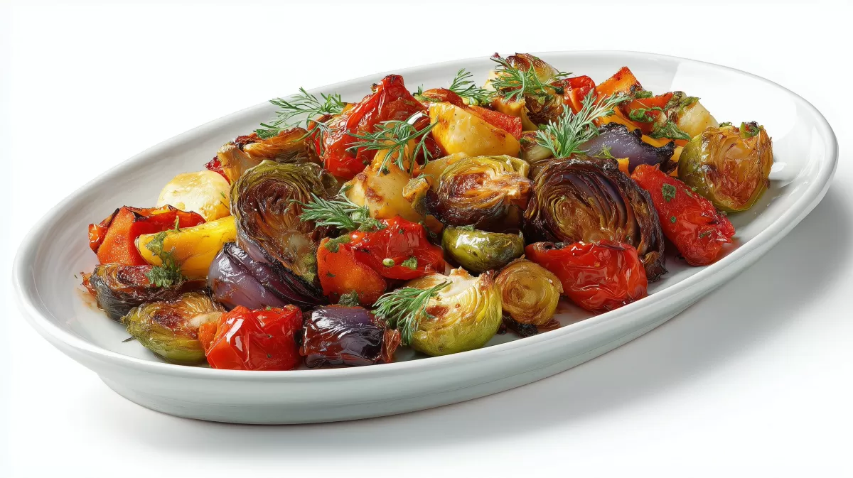 Ofengemse auf weißer Platte mit Dill garniert