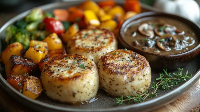 Ofengemüse mit gebratenen Kartoffeln und cremiger Pilzsoße