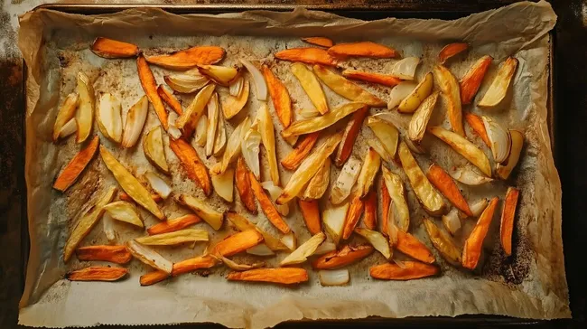 Ofengemüse mit Karotten und Kartoffeln auf Backpapier