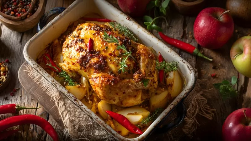Ofenhähnchen mit Äpfeln und Gewürzen im Bräter