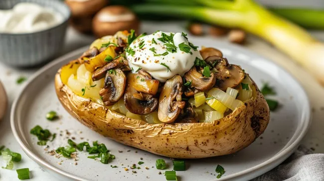 Ofenkartoffel mit Pilzen, Lauch und Sauerrahm