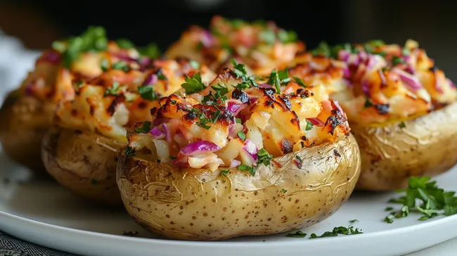 Ofenkartoffeln gefüllt mit buntem Gemüse und Kräutern