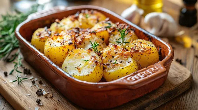 Ofenkartoffeln mit Kräutern und Knoblauch in rustikaler Schüssel