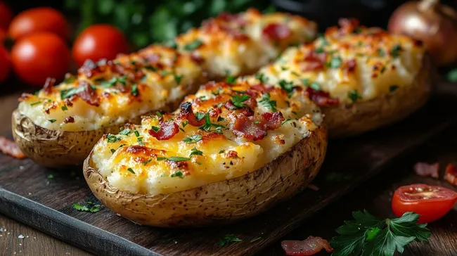 Ofenkartoffeln mit Speck und Käse auf Holzbrett