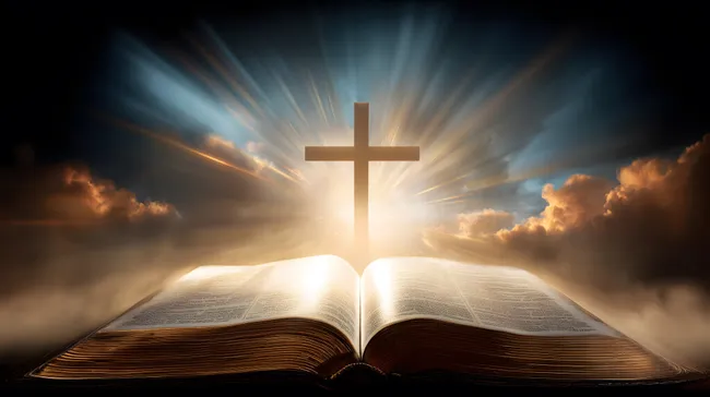 Offene Bibel mit Kreuz und Sonnenaufgang im Himmel