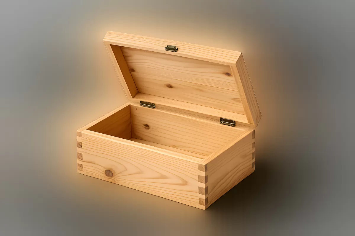 Offene Holzkiste aus hellem Kiefernholz mit Scharnieren