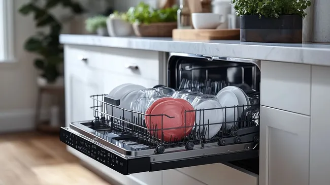 Offene Spülmaschine mit ordentlich eingeräumtem Geschirr