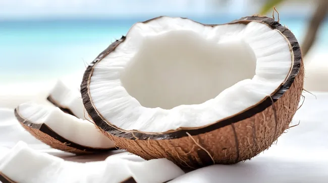 Offene tropische Kokosnuss mit Fruchtfleisch