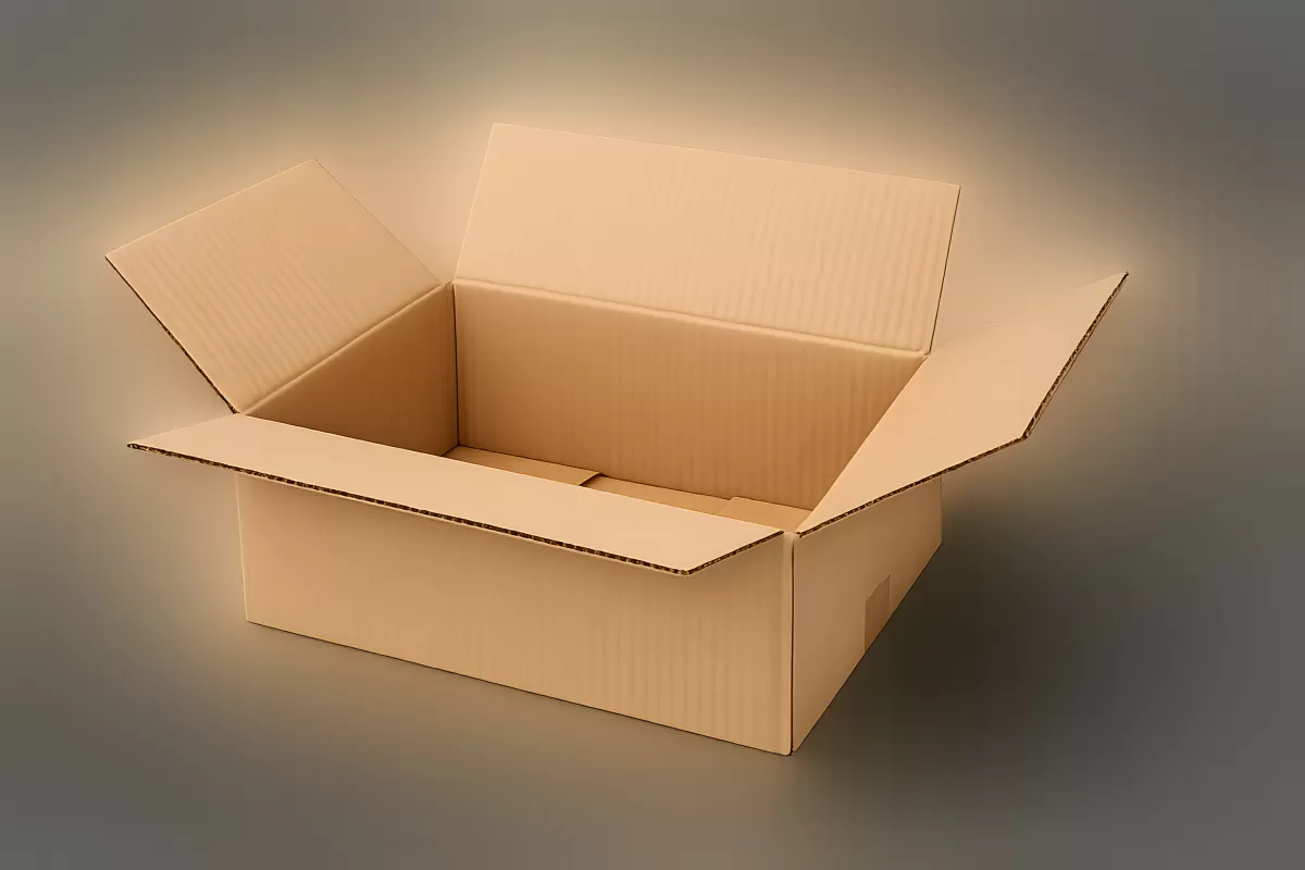 Offener Karton aus Wellpappe auf grauem Hintergrund