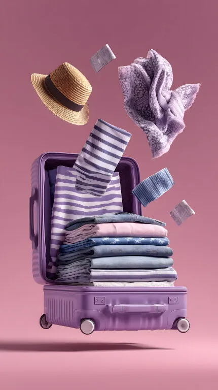 Offener Koffer mit modischer Kleidung und Accessoires