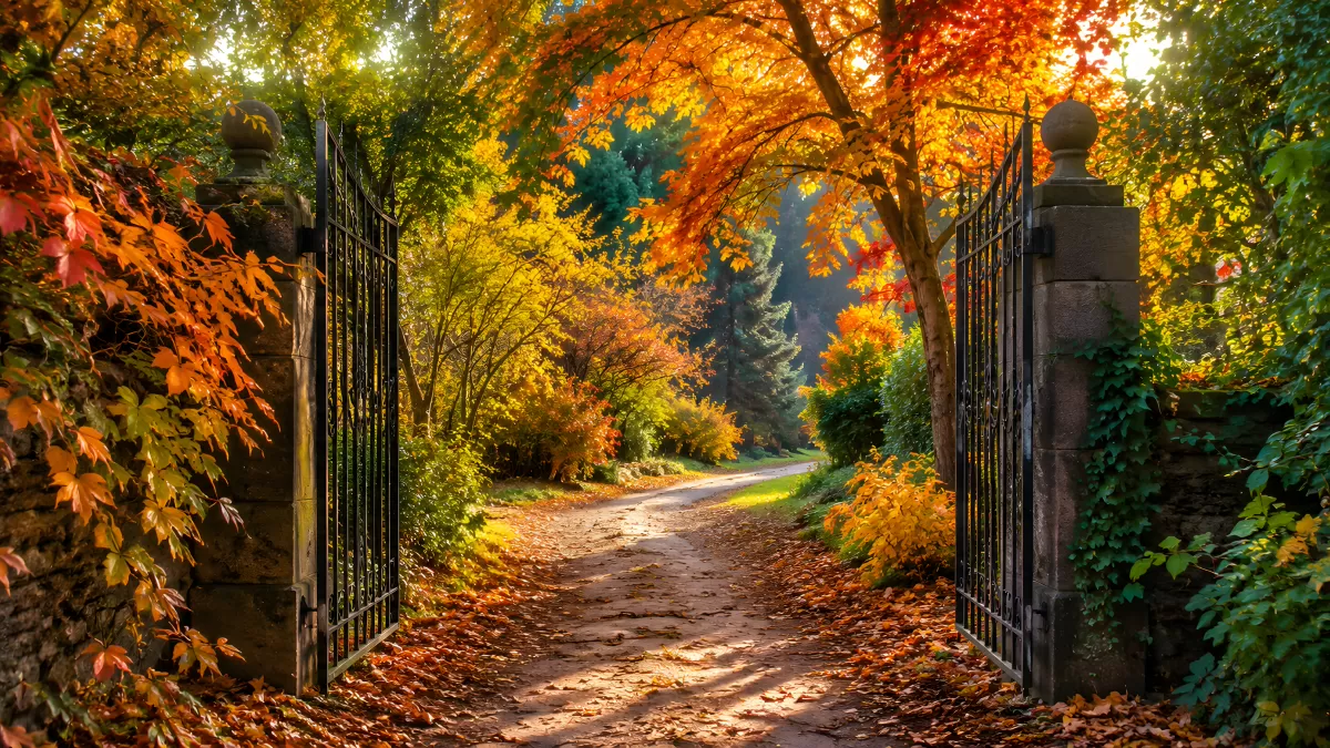 Offenes Eisentor mit Herbstweg und bunten Bäumen