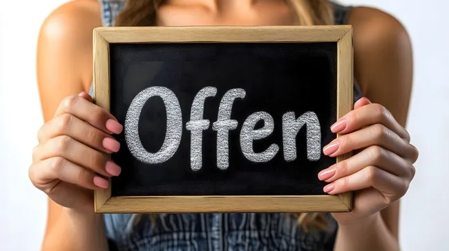 Offenes Konzept dargestellt durch Tafel in Frauenhänden