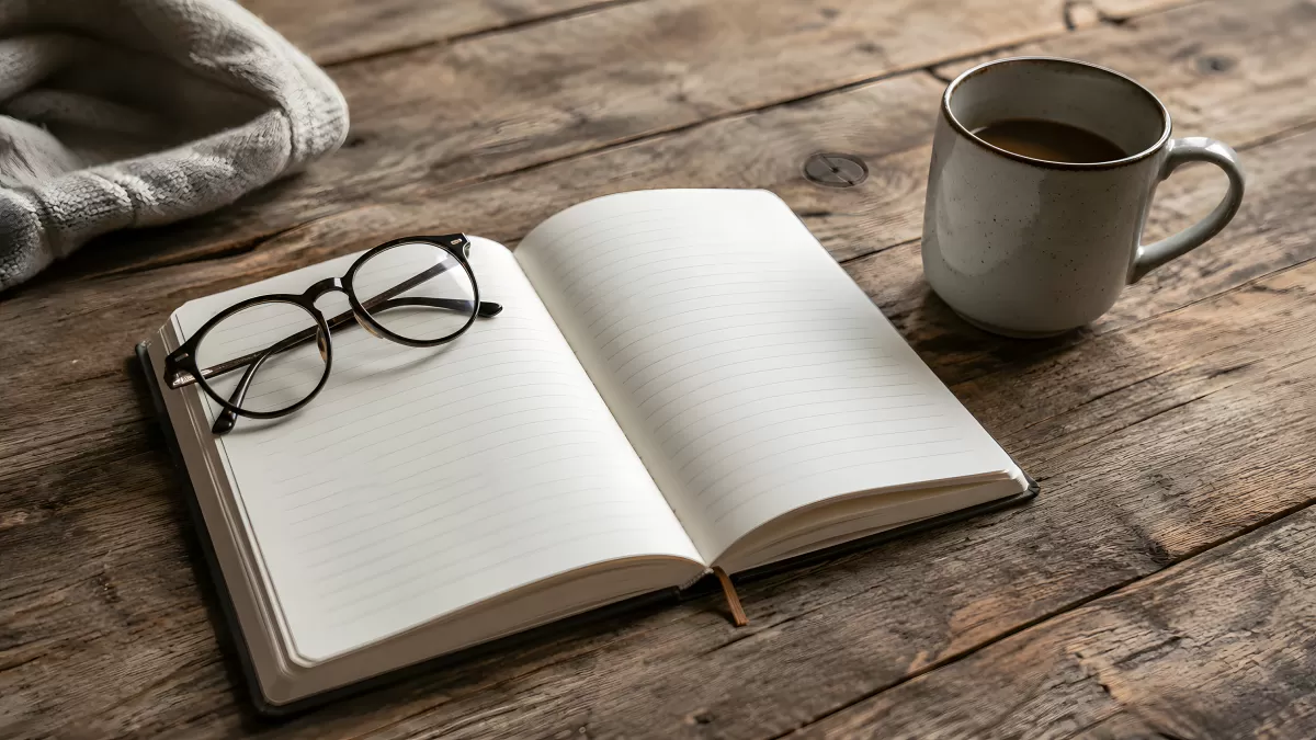 Offenes Notizbuch mit Brille und Kaffeetasse auf Holztisch