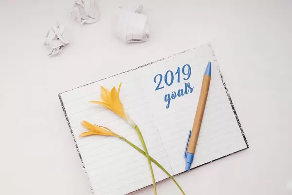 Offenes Notizbuch mit der Inschrift - 2019 Ziele - mit Stift und zerknülltem Papier