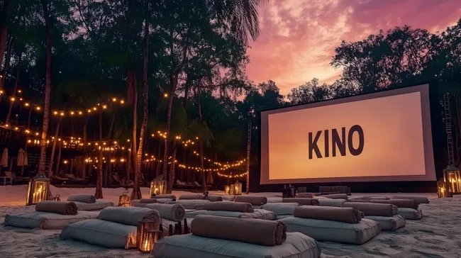 Offenes Sommerkino bei romantischem Sonnenuntergang