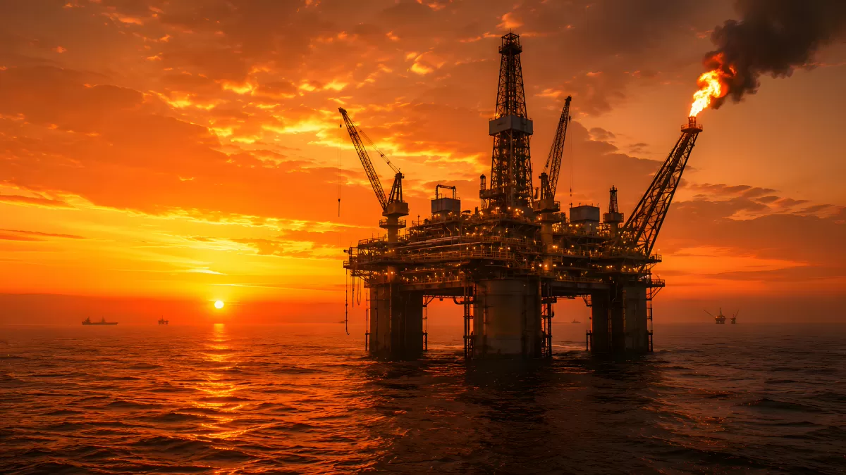 Offshore-Ölplattform bei dramatischem Sonnenuntergang