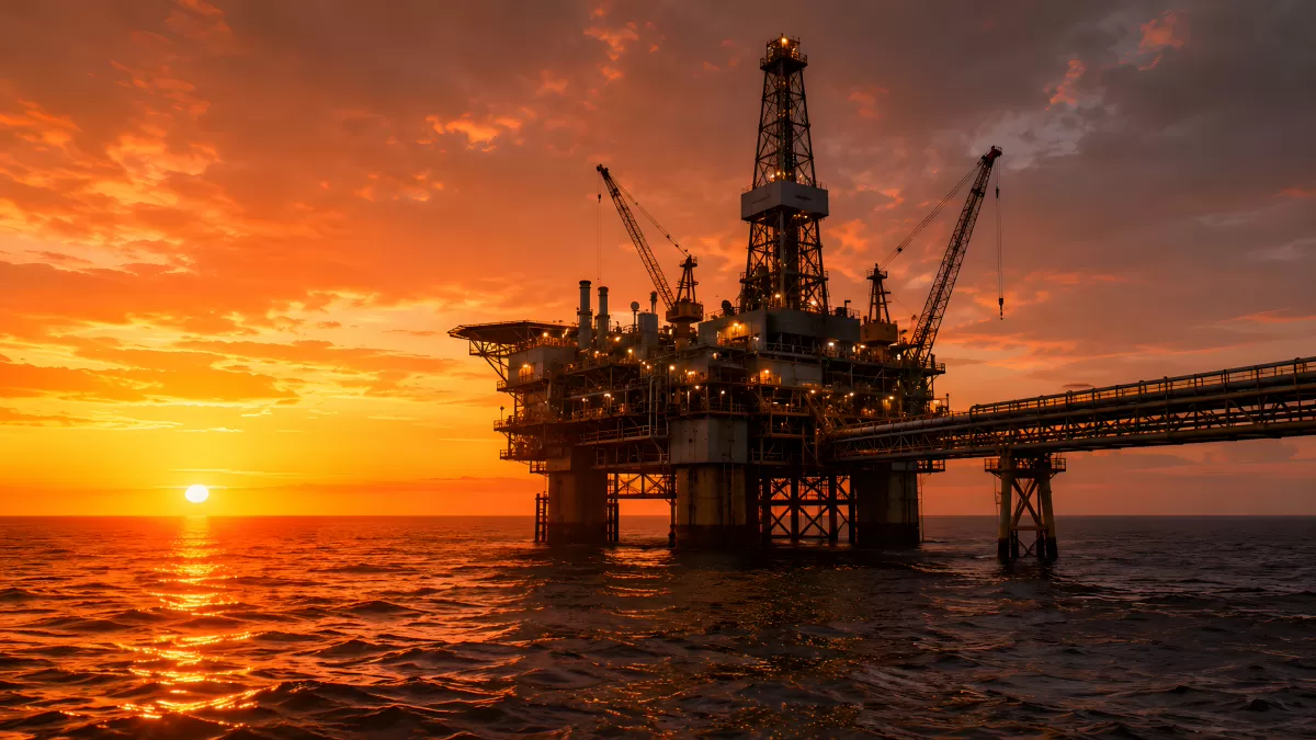 Offshore-Ölplattform im goldenen Sonnenuntergang