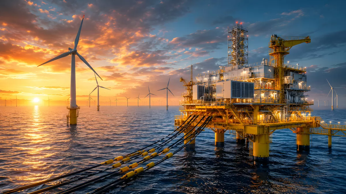 Offshore-Plattform und Windräder bei Sonnenuntergang